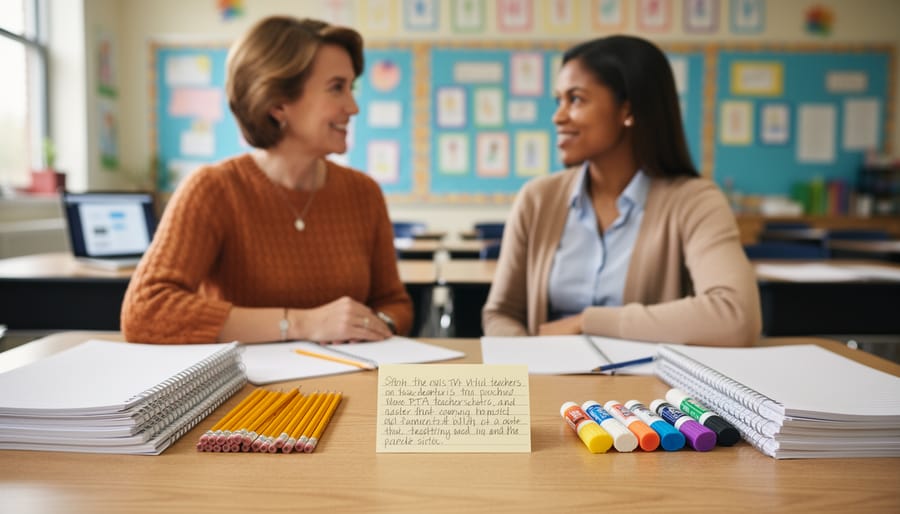 PTA volunteer and teacher seated at a classroom table with classroom supplies and a handwritten thank-you note card, with softly blurred bulletin boards in the background.
