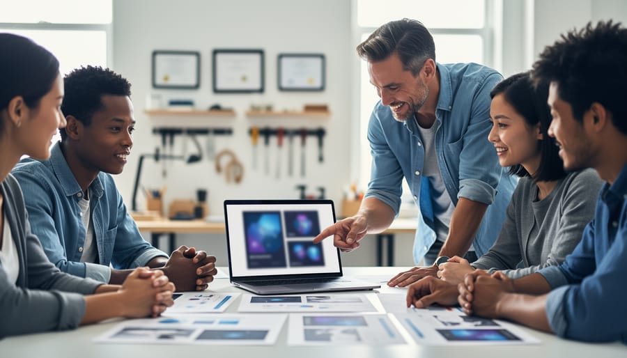 Diverse team reviewing work samples and a digital portfolio on a laptop during a modern skills-based hiring discussion.