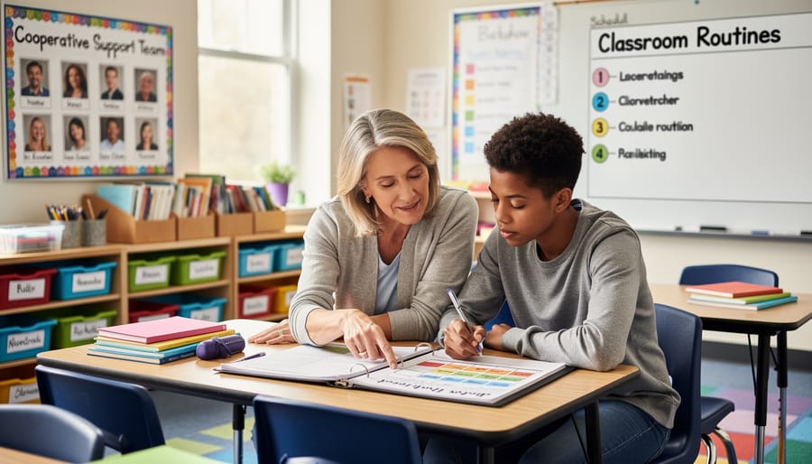 An educator welcoming a student teacher near a classroom learning space with a clipboard and schedule binder.