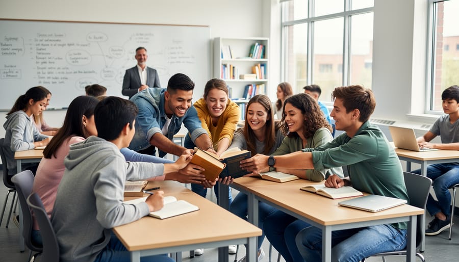 Students reading open textbooks together in a modern classroom