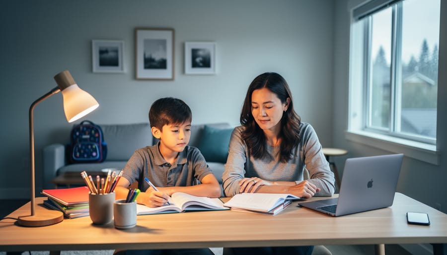 Parent and child studying at a desk with a closed laptop and phone out of reach, in a calm, distraction-free home learning setting.