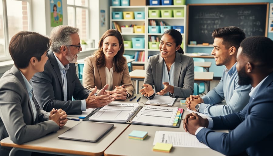 Educators collaborating at a table in a classroom, reviewing lesson plans and documents together in a cooperative-style meeting.