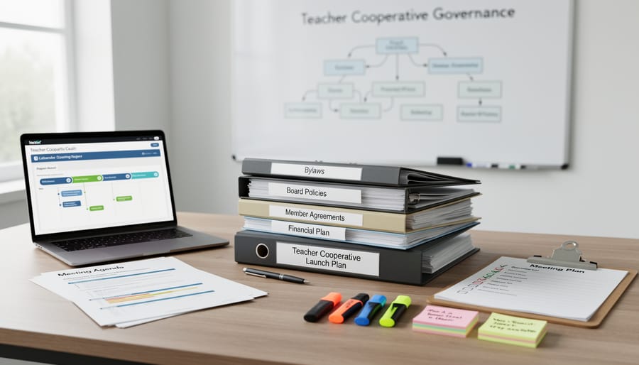Close-up of education governance paperwork, a binder, and planning tools on a desk with a tablet nearby.