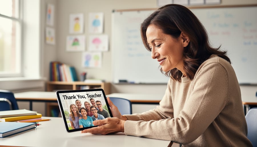 Teacher viewing a student video tribute on a tablet in a classroom