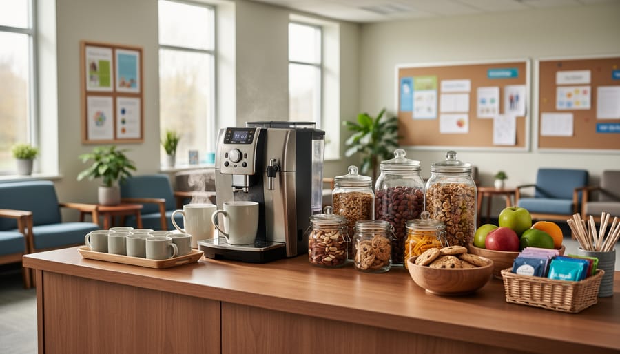 Teachers’ lounge break station with coffee, snacks, and comfort items