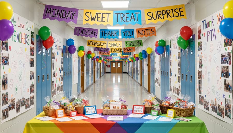 Decorated school hallway with balloons, treats, and surprise items for a themed appreciation week