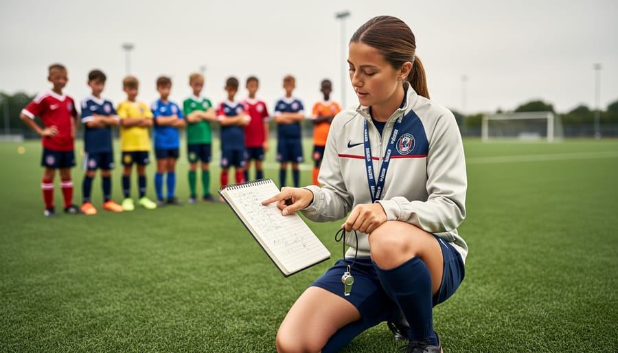 A youth soccer coach kneeling on a grassy field with a notebook, while a small group of children in jerseys stands in the background looking toward her.