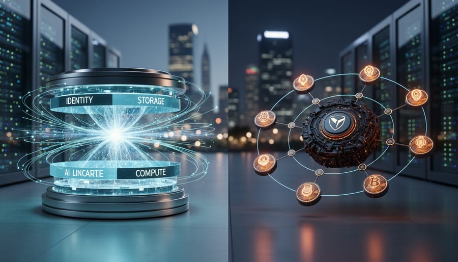 “Split-horizon view of two contrasting blockchain network cores with connecting service-like streams on one side and validator-like nodes around a sovereign chain core on the other”