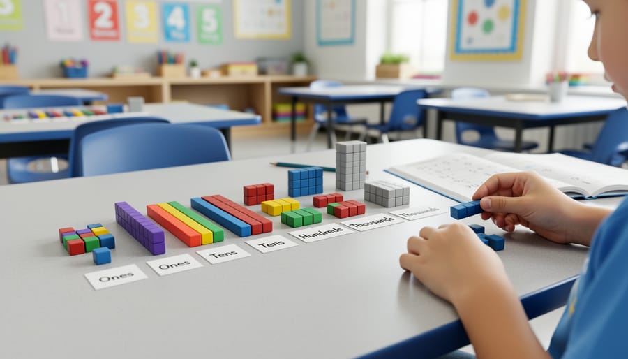 Base-ten blocks and craft sticks arranged on a classroom table during place value practice