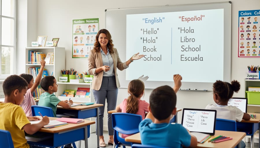 Bilingual educator assisting a student with a workbook in a modern classroom
