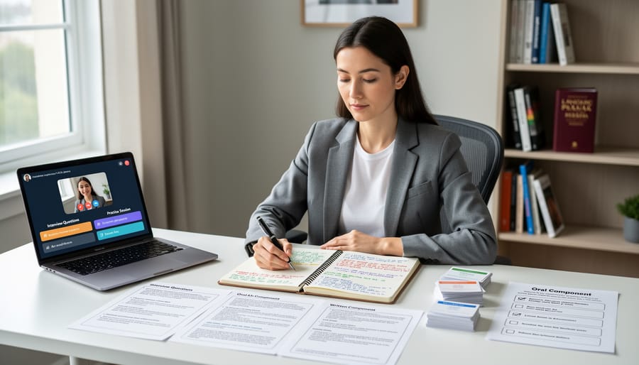 Candidate taking a bilingual language proficiency interview at a desk with headphones
