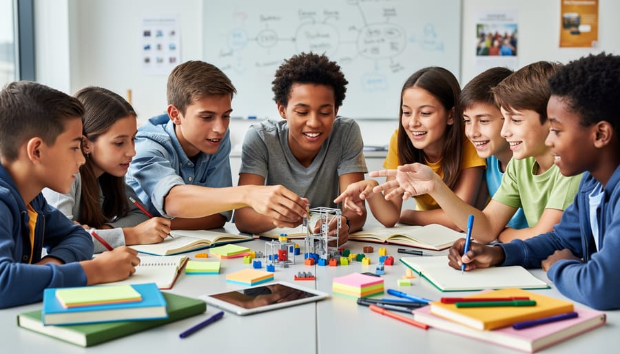 Students working together at a table with hands-on learning materials in a classroom.