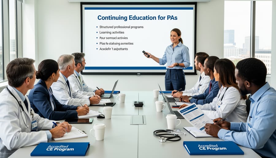 Healthcare conference room with attendees listening to a presenter in front of a blank screen