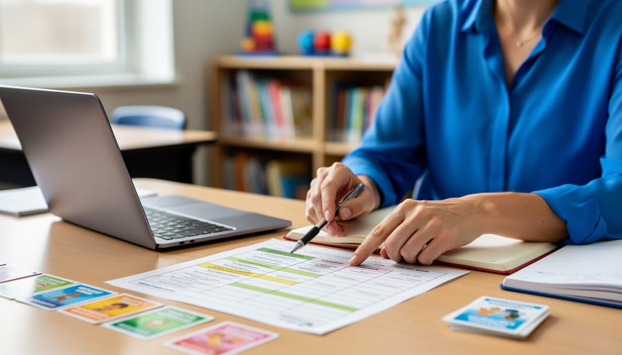 Teacher reviewing lesson planning notes and rubric in a classroom with a laptop and educational materials on the table.