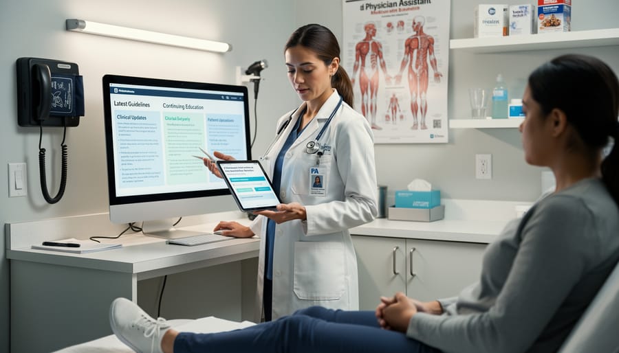 Physician assistant in a clinic hallway holding a tablet with a stethoscope visible