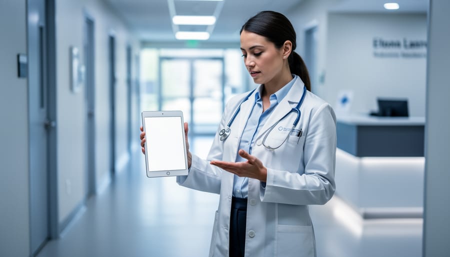Physician assistant in a clinic hallway reviewing a clipboard and holding a tablet with abstract icons, representing continuing education and license renewal compliance.