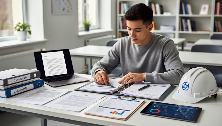 Student organizing a learning portfolio with workplace tools and a laptop on a desk