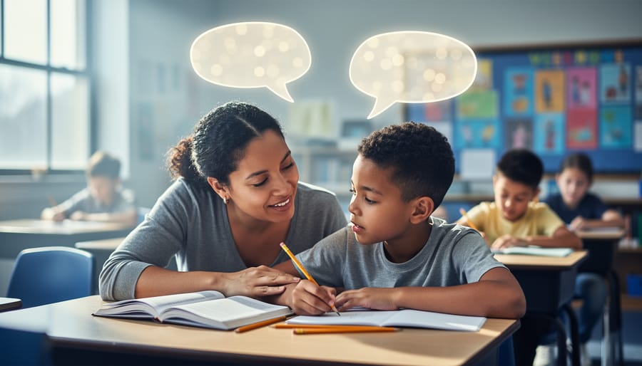 A bilingual instructional aide and a student in a K-12 classroom reviewing books and notes at a desk, representing bilingual communication support.
