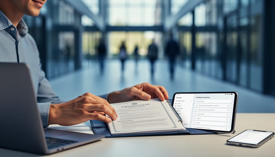 Adult student reviewing a portfolio folder on a desk in a modern campus setting, representing recognition of prior learning for academic credit.