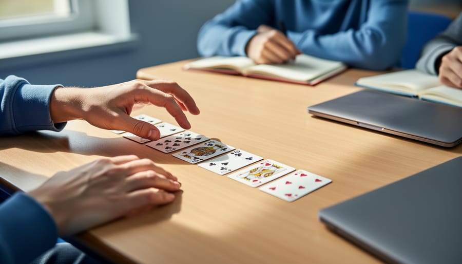 “Teacher and student hands hovering above a solitaire-style card layout on a classroom desk, illustrating pausing to explain a move.”