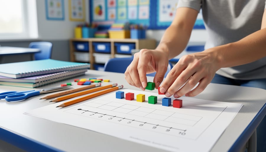 Teacher hands arranging base-ten blocks—two tens rods and three ones cubes—on a classroom desk next to a blank place value chart and number line.