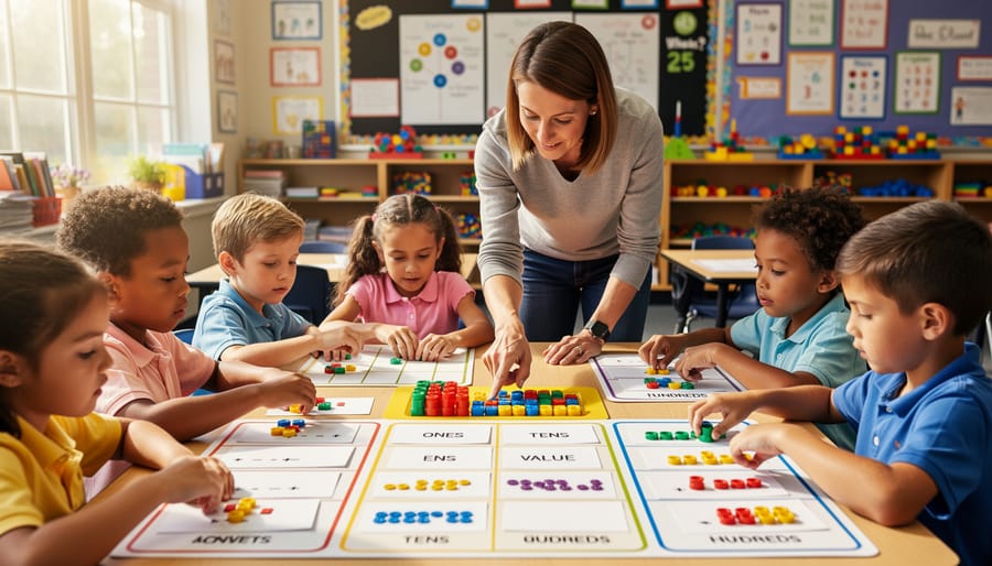 Teacher and student using place-value tokens and blank charts at a classroom desk
