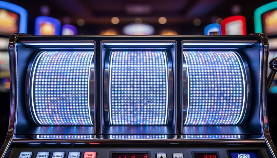 “Three glowing slot machine reels with dense illuminated stop positions in a dark, blurred casino background.”