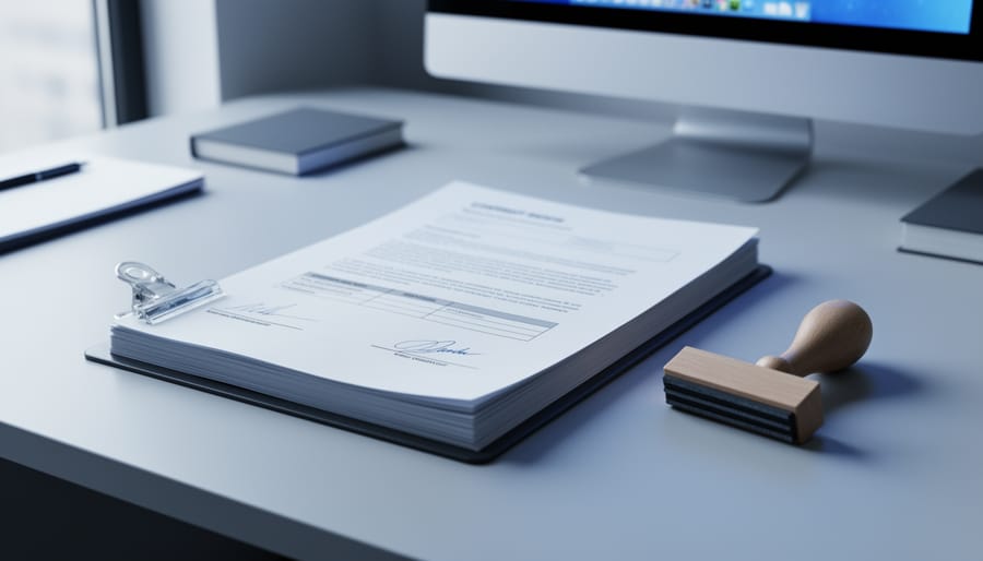 Contract pages neatly stacked and organized on an office desk, representing combining PDF files for agreements and exhibits without visible readable text.