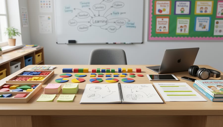 Close-up of classroom unplugged learning materials laid out on a desk with colored markers and physical blocks.